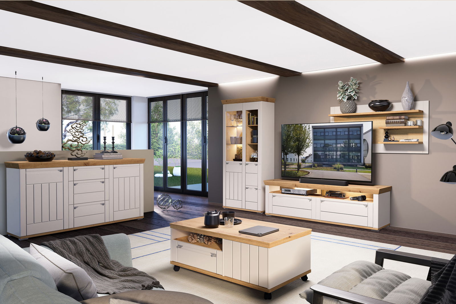 Modernes Sideboard in einem stilvollen Wohnzimmer, aus weißem Holz mit natürlicher Holzoberfläche, seitliche Perspektive.