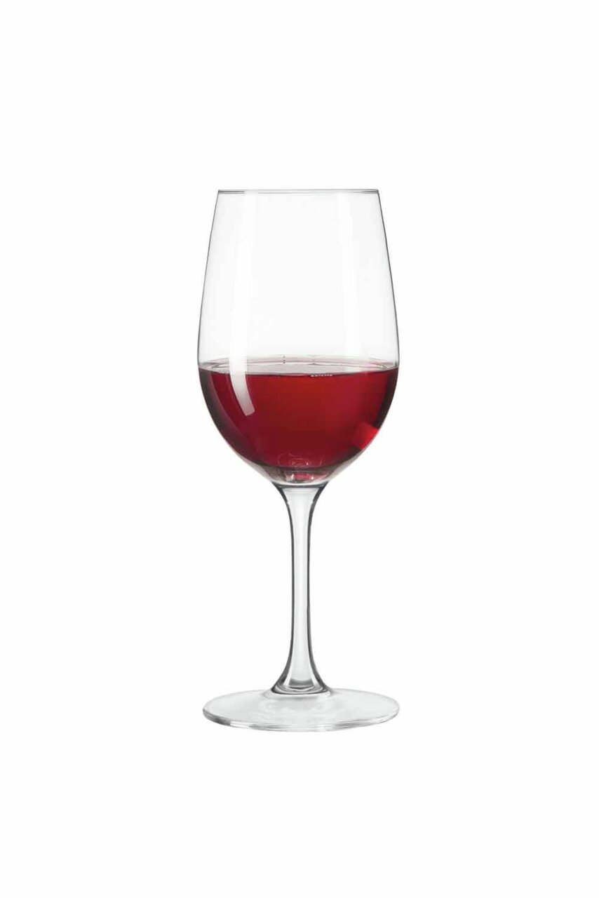Rotweinglas Ciao+ 430ml, gefüllt mit Rotwein, seitliche Ansicht