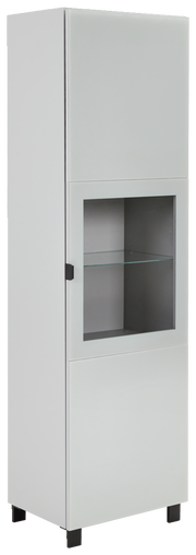 Moderne Vitrine in Weiß mit Glastür und zwei Fächern, seitliche Perspektive