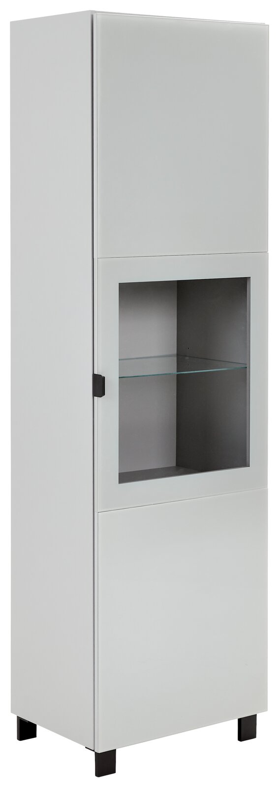 Moderne Vitrine in Weiß mit Glastür und zwei Fächern, seitliche Perspektive