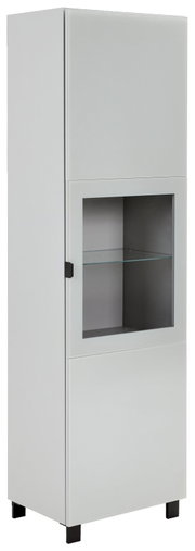 Moderne Vitrine in Weiß mit Glastür und zwei Fächern, seitliche Perspektive