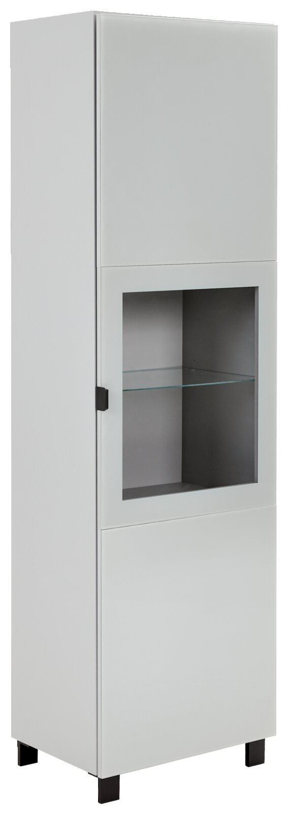 Moderne Vitrine in Weiß mit Glastür und zwei Fächern, seitliche Perspektive