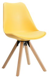 Gelber Stuhl mit Holzbeinen, seitliche Perspektive