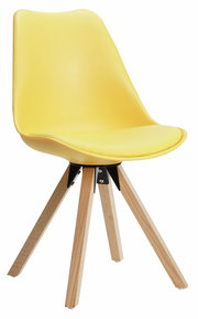 Gelber Stuhl mit Holzbeinen, seitliche Perspektive