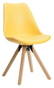 Gelber Stuhl mit Holzbeinen, seitliche Perspektive