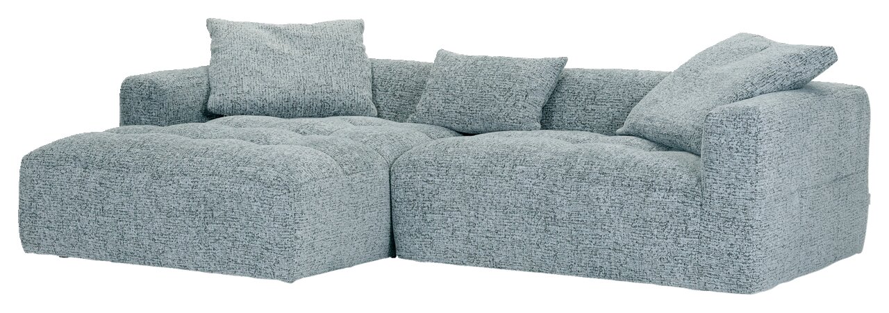 Graue Rundecke mit weicher Polsterung und Kissen, Perspektive von vorne links
