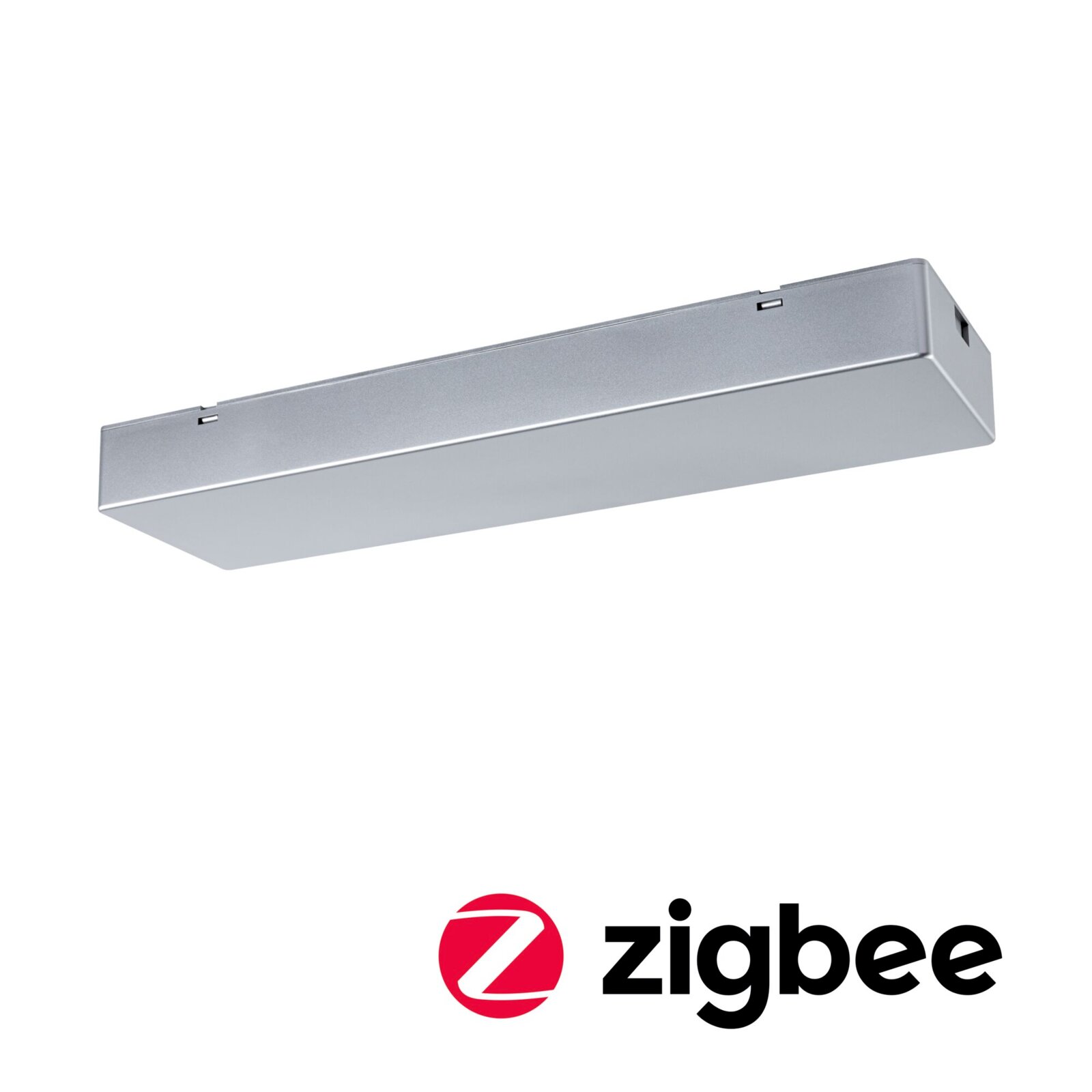 Silberne, rechteckige LED-Deckenleuchte im schlanken Metallgehäuse, freigestellt auf weißem Hintergrund, in schräger Seitenansicht von unten; darunter Zigbee-Logo