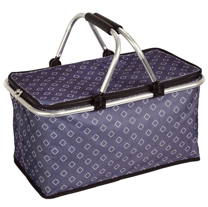 Blauwe geïsoleerde picknickmand/koeltas met ritsdeksel, wit ruitpatroon en aluminium draagbeugels met zwarte handgrepen, schuin van voren in driekwartperspectief