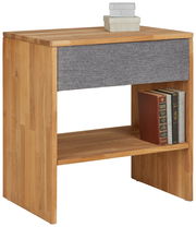 Nachtkommode aus Holz mit einer Schublade in grauem Stoff, seitliche Perspektive, dekoriert mit Büchern und Boxen.