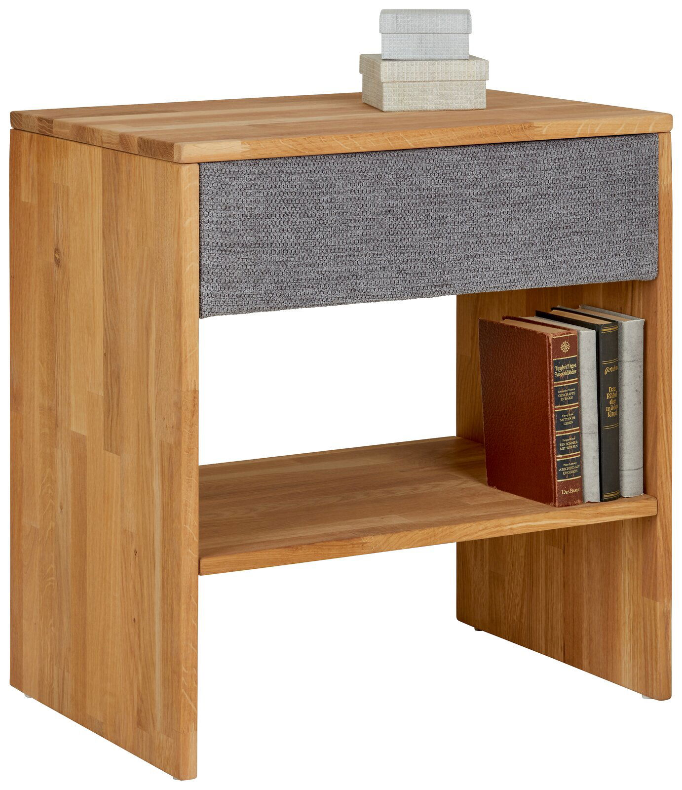 Nachtkommode aus Holz mit einer Schublade in grauem Stoff, seitliche Perspektive, dekoriert mit Büchern und Boxen.