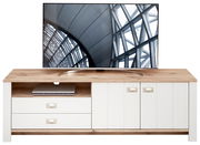 TV-Lowboard aus Holz mit weißer Front, zwei Schubladen und zwei Türen, frontal fotografiert.