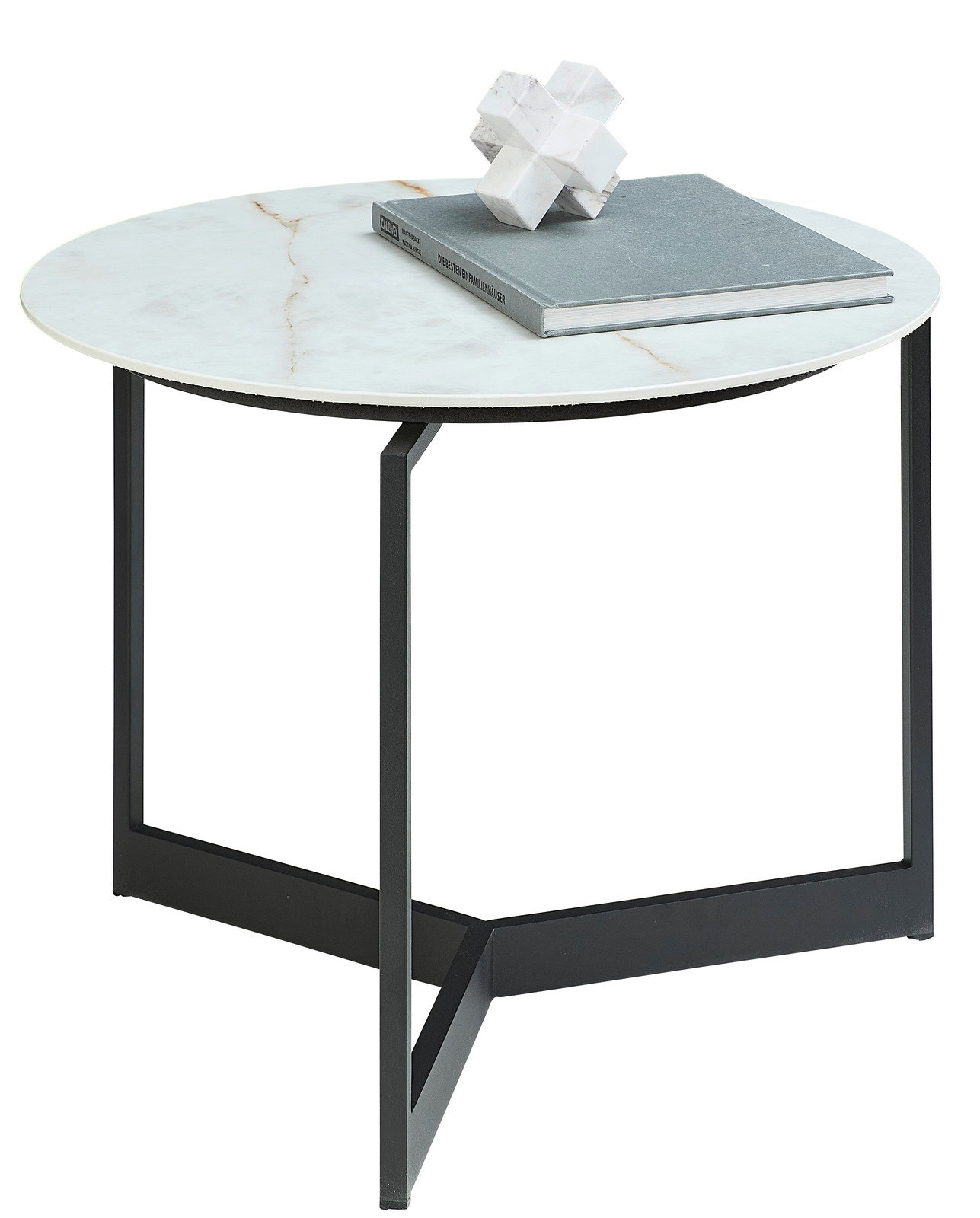 Runder Couchtisch mit weißer Marmorplatte und schwarzem Metallgestell, seitliche Perspektive