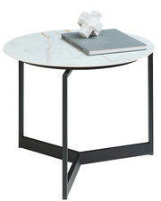 Runder Couchtisch mit weißer Marmorplatte und schwarzem Metallgestell, seitliche Perspektive