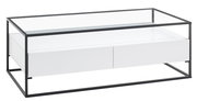 Moderner Couchtisch mit Glasplatte und schwarzem Metallrahmen, seitliche Perspektive