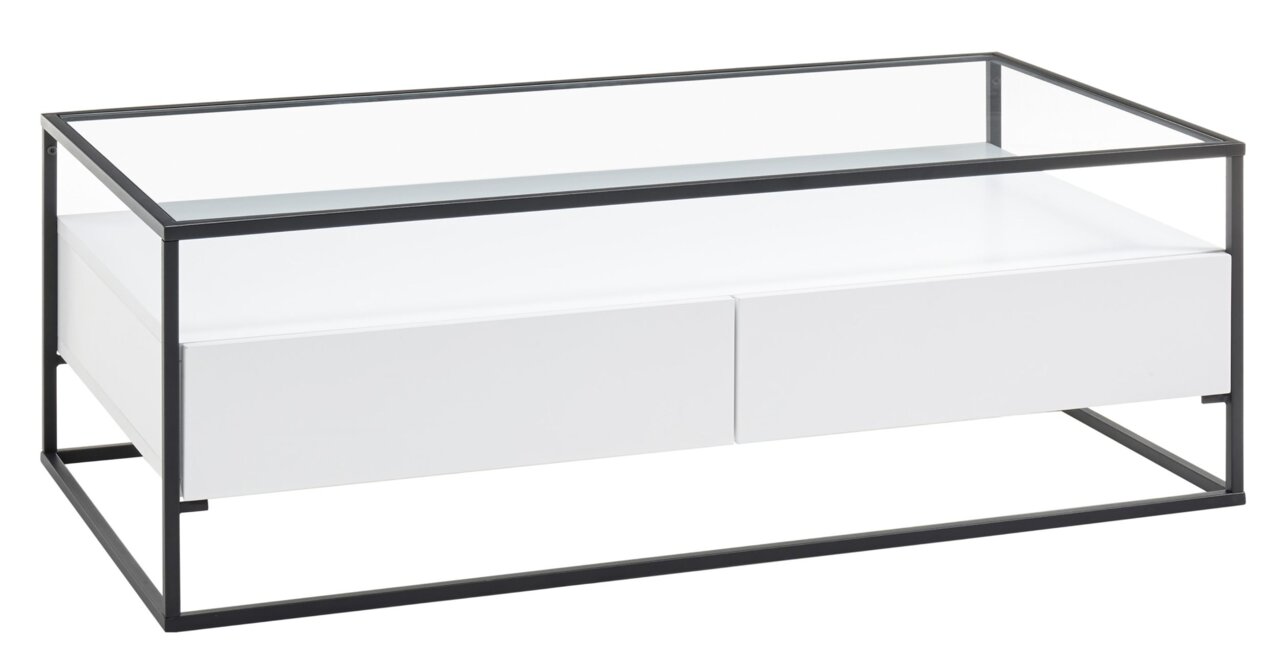 Moderner Couchtisch mit Glasplatte und schwarzem Metallrahmen, seitliche Perspektive