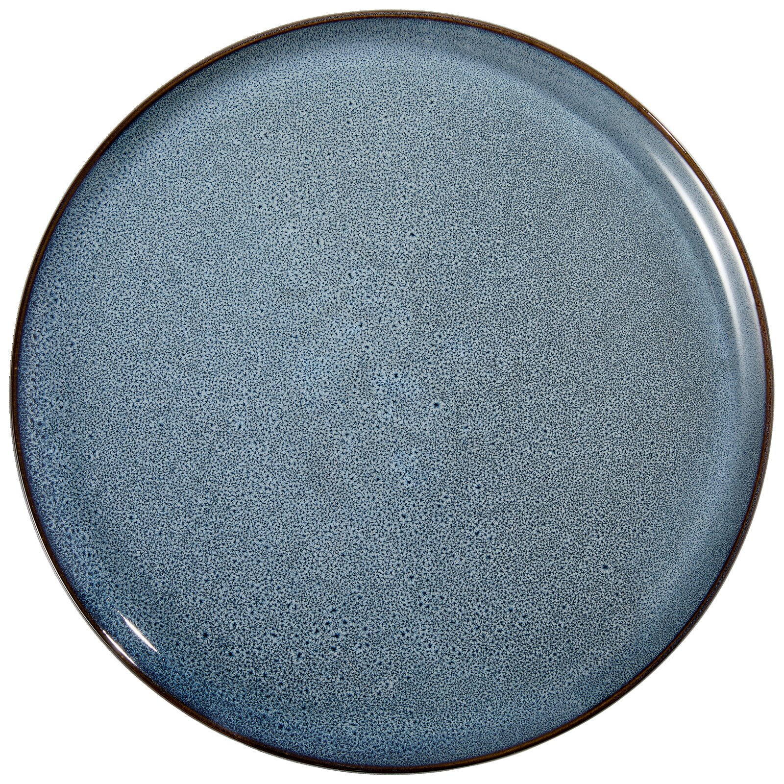 Rond blauw keramisch bord met fijn gespikkeld glazuur en een donkerbruine rand, van bovenaf gezien