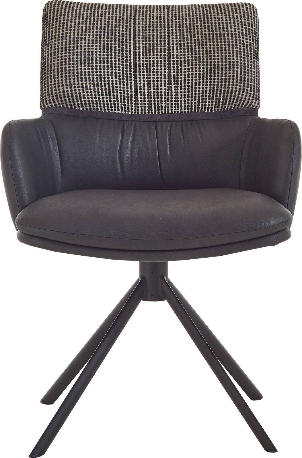 Moderner Drehstuhl mit schwarzer Sitzschale in Lederoptik, gepolsterter Rückenlehne mit schwarz-weißem Stoffmuster und schwarzem Vierfuß-Metallgestell, frontal aus der Vorderansicht freigestellt