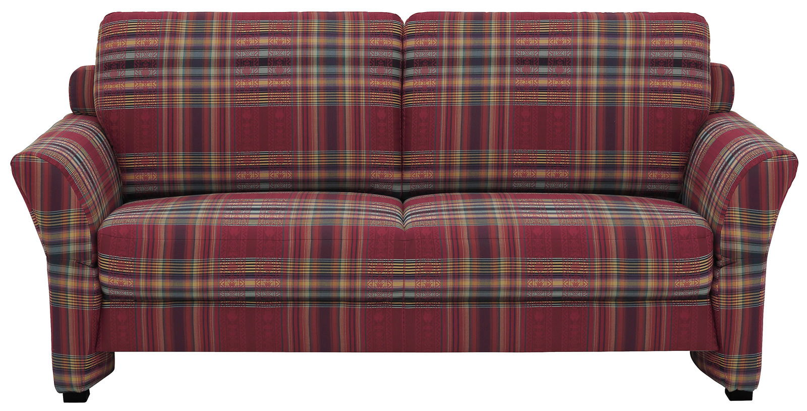 Dreiersofa mit kariertem Stoffbezug in Rot- und Grüntönen, Vorderansicht