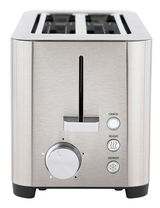 Silberner Langschlitztoaster mit zwei Schlitzen, Frontalansicht, mit Bedienelementen für Abbrechen, Aufwärmen und Auftauen.