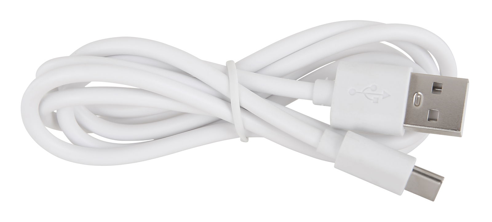 Weißes USB-Kabel mit USB-A- und USB-C-Stecker, von oben gesehen.