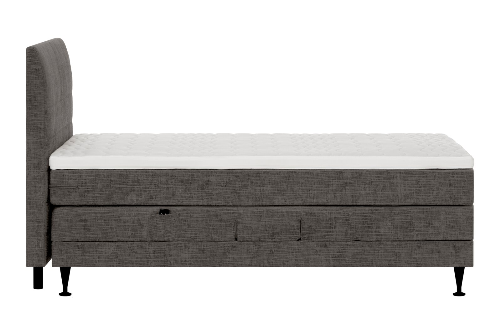 Grijs gestoffeerd eenpersoons boxspringbed met hoog hoofdbord, witte gewatteerde topper en zwarte poten, afgebeeld in zijaanzicht.