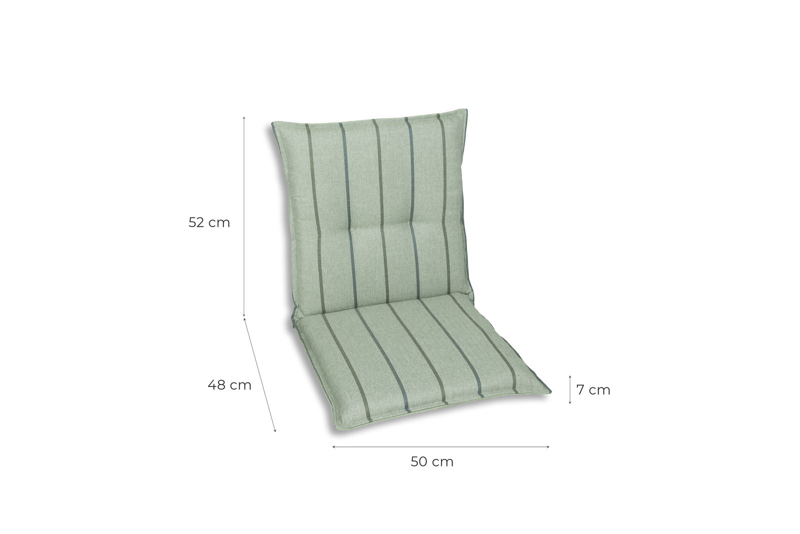 Grüne Sesselauflage mit Streifenmuster, seitliche Perspektive, Maße: 52 cm Höhe, 48 cm Tiefe, 50 cm Breite, 7 cm Dicke.