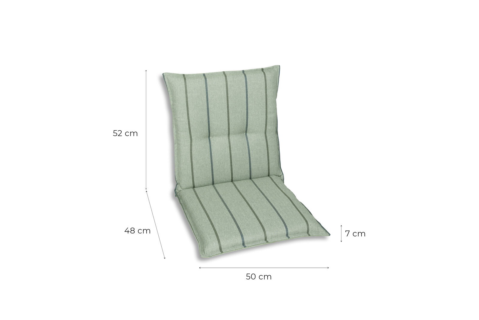 Grüne Sesselauflage mit Streifenmuster, seitliche Perspektive, Maße: 52 cm Höhe, 48 cm Tiefe, 50 cm Breite, 7 cm Dicke.