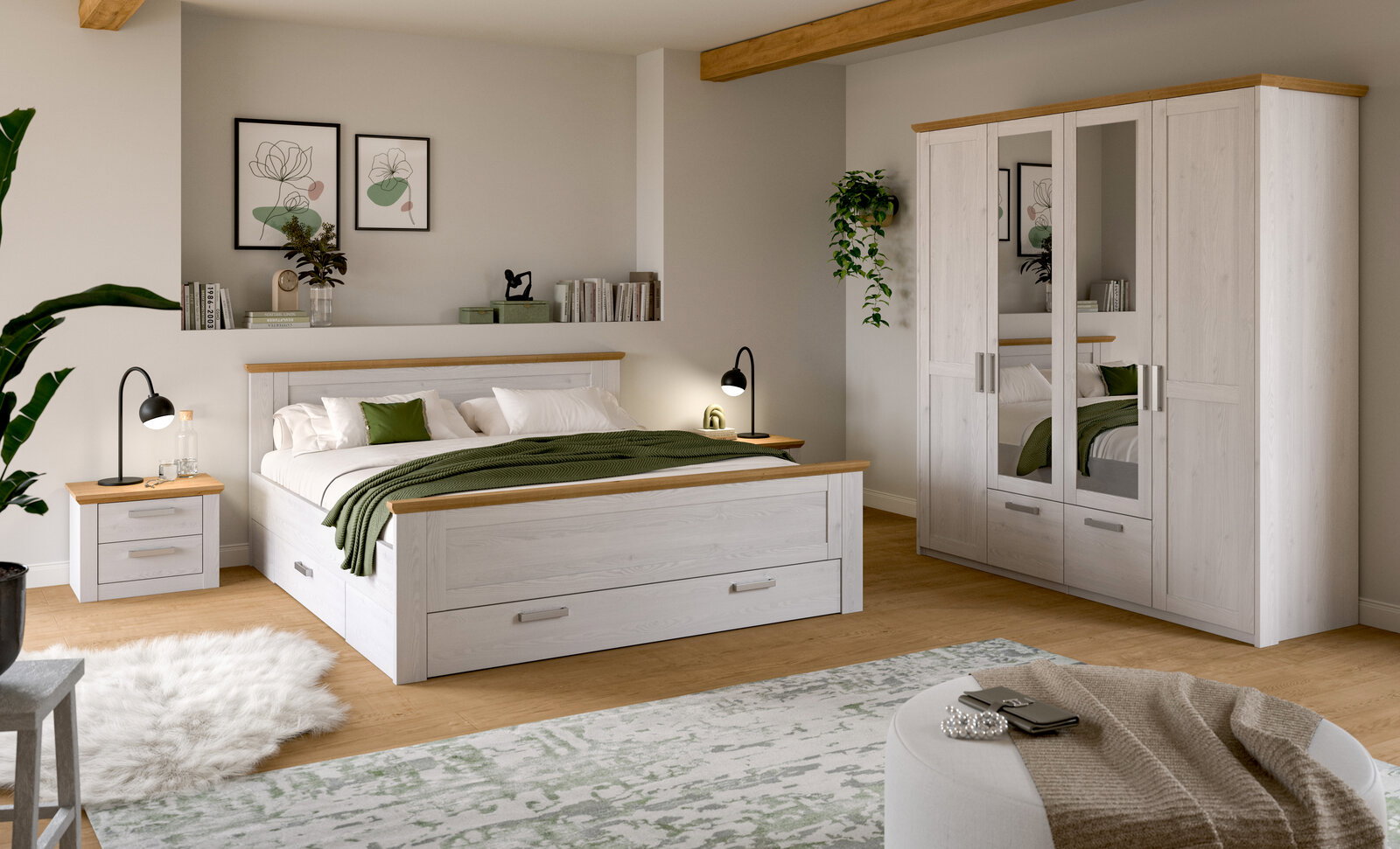 Helles Schlafzimmer-Set in Weiß mit Holz-Akzenten: Doppelbett mit Schublade, Nachttisch und Kleiderschrank mit Spiegeltüren, gezeigt in frontaler Raumansicht aus leicht schräger Perspektive.