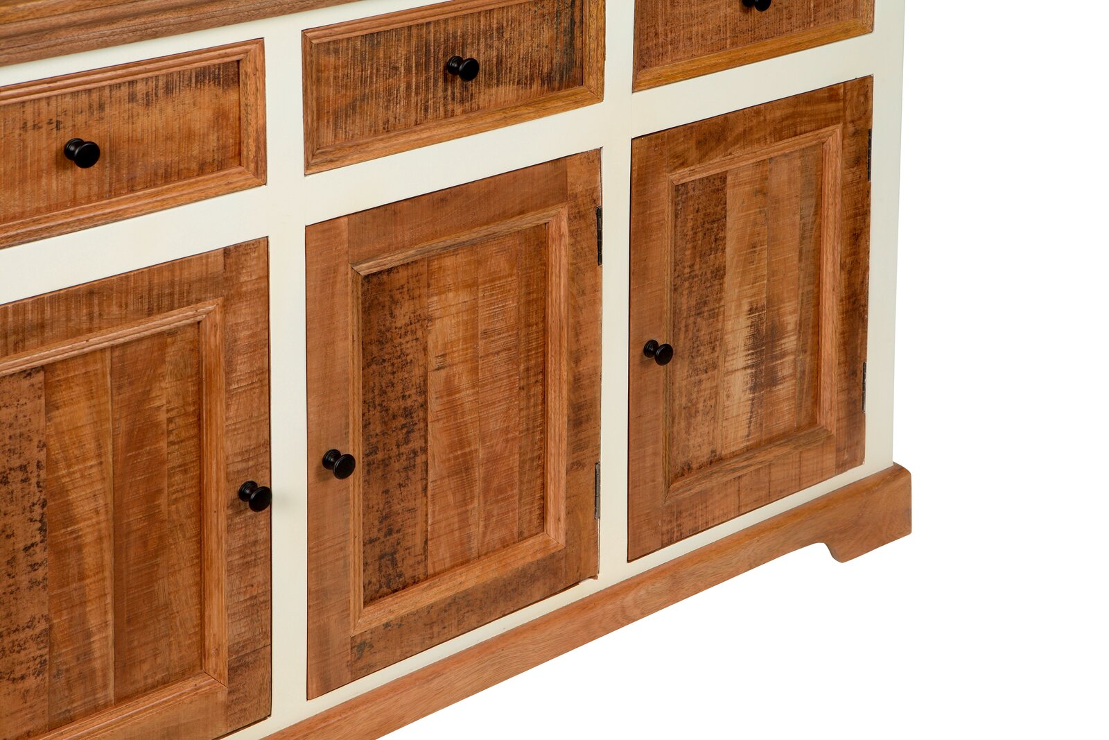 Nahaufnahme eines Vitrinenschranks aus Holz mit zwei Schubladen und zwei Türen, seitliche Perspektive