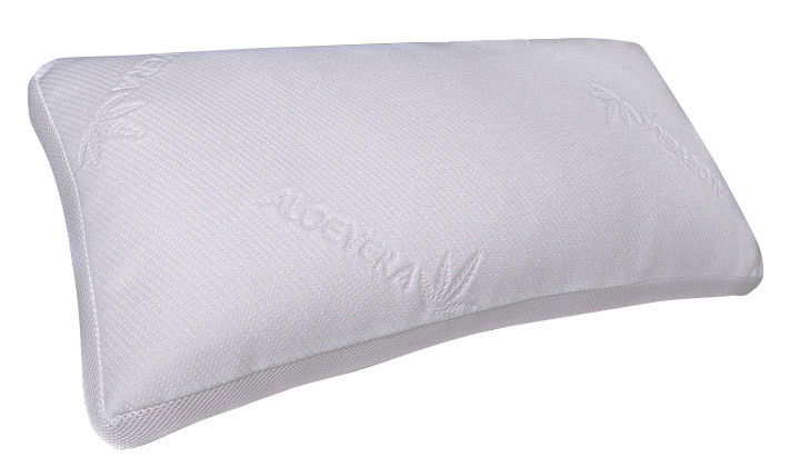 Intro Komfortschlafkissen CUPID Komfortschlafkissen 40 x 80 cm in seitlicher Perspektive, mit Aloe Vera Muster auf weißem Bezug.