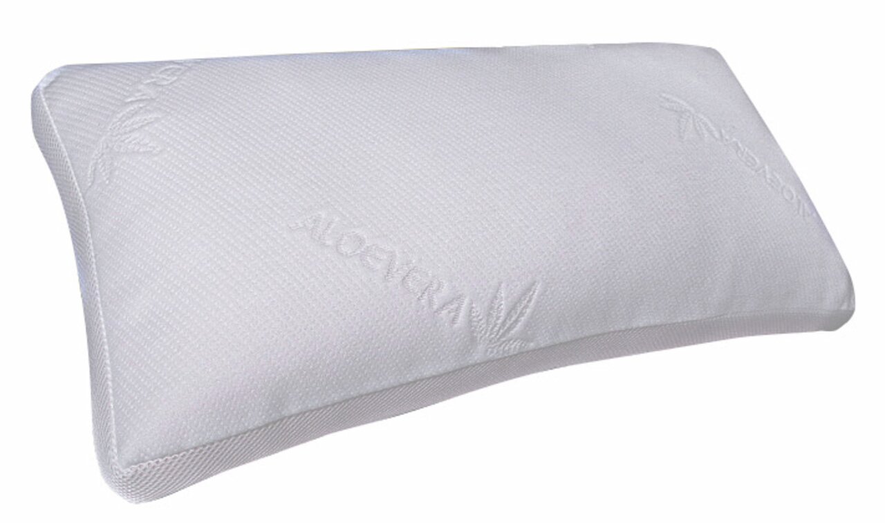 Komfortschlafkissen 40 x 80 cm in seitlicher Perspektive, mit Aloe Vera Muster auf weißem Bezug.