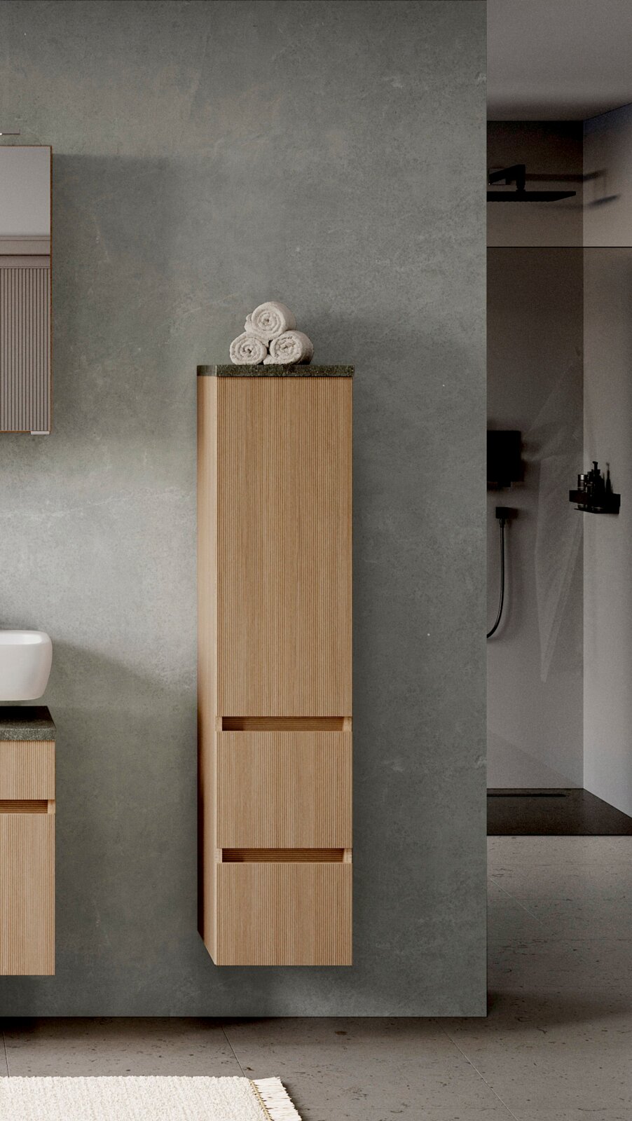Moderner Midischrank aus Holz mit drei Schubladen, frontal abgebildet, ideal für das Badezimmer.