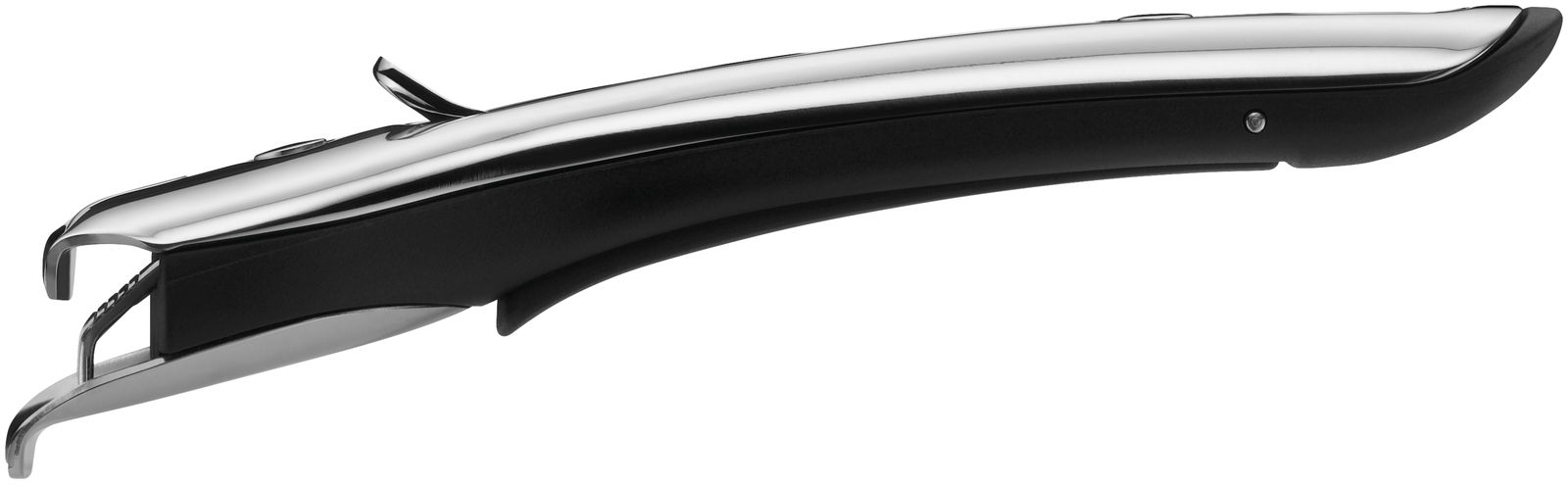 Seitliche Ansicht eines ergonomischen, metallischen Click&Serve Griffs mit schwarzem Griffbereich.