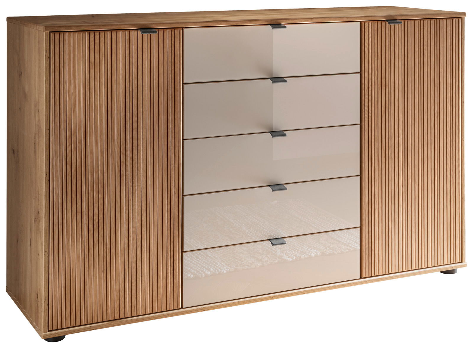 Kombikommode aus Holz mit zwei Türen und fünf Schubladen, Frontansicht