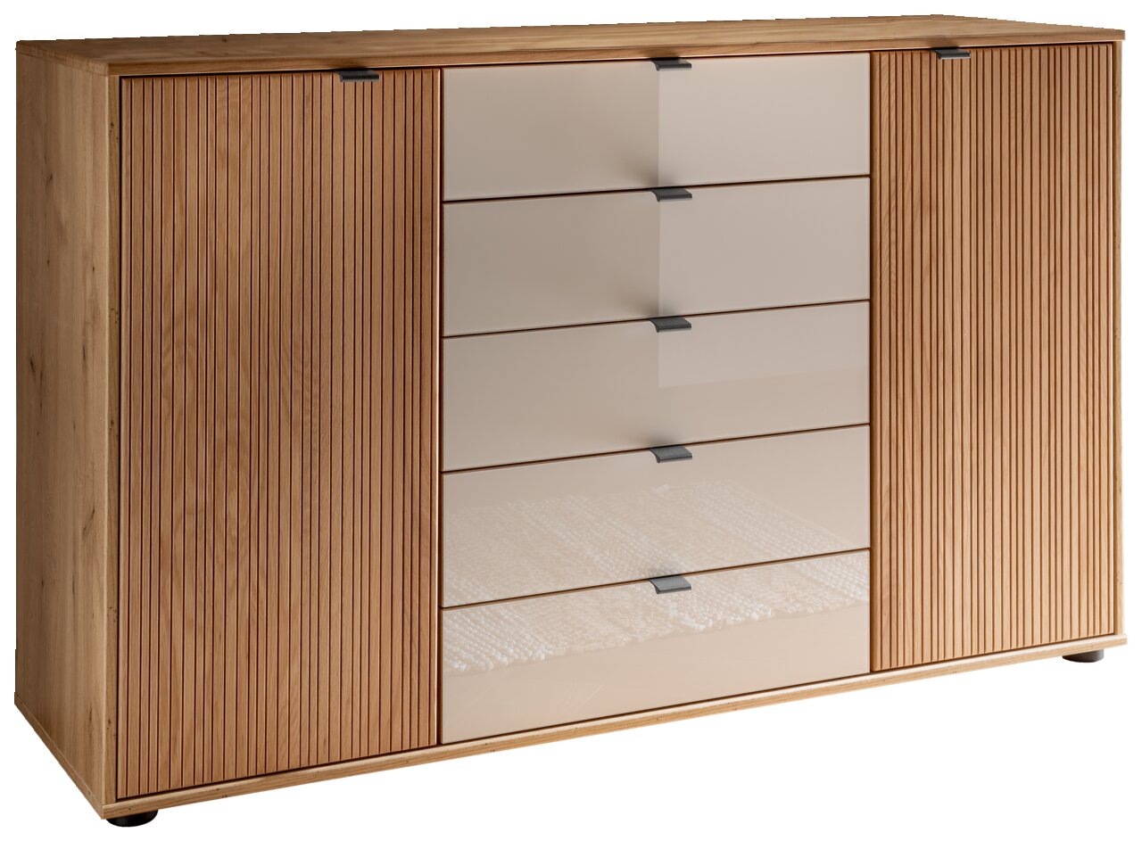 Kombikommode aus Holz mit zwei Türen und fünf Schubladen, Frontansicht