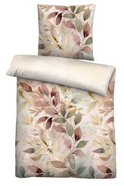 Bettwäsche-Set mit floralem Muster in sanften Pastelltönen, bestehend aus einem Kissenbezug und einem Deckenbezug, aus der Vogelperspektive.