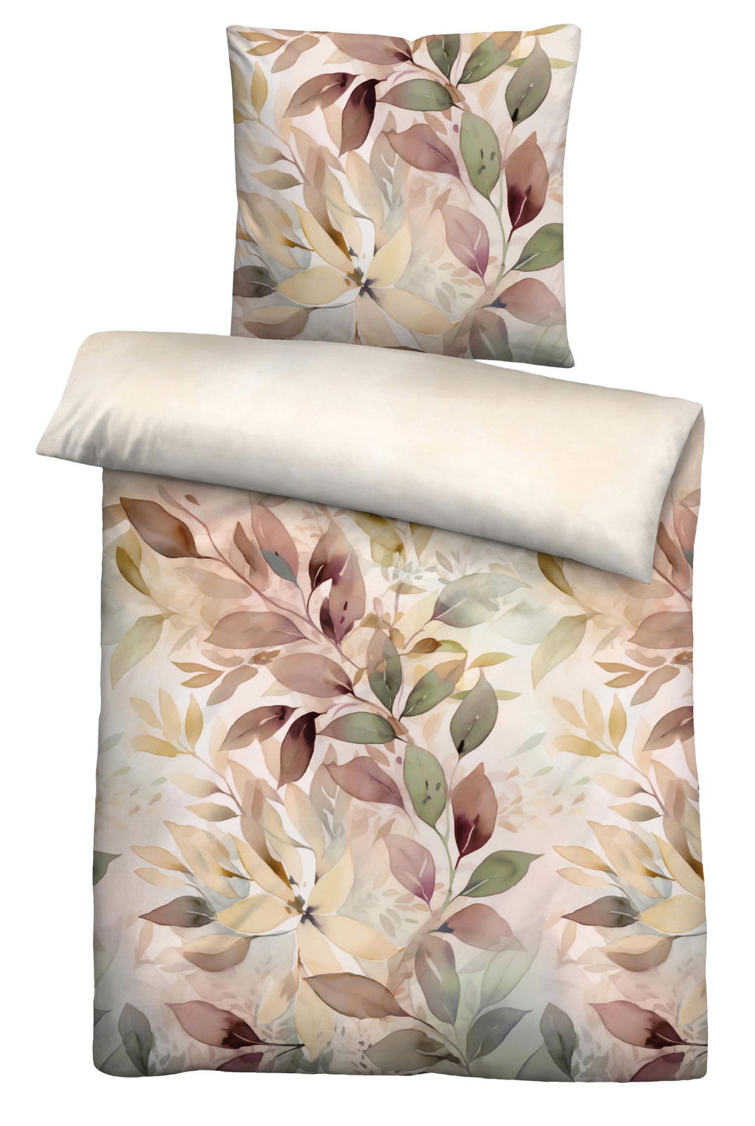 Bettwäsche-Set mit floralem Muster in sanften Pastelltönen, bestehend aus einem Kissenbezug und einem Deckenbezug, aus der Vogelperspektive.