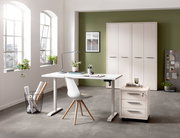 Moderner Arbeitsplatz mit elektrischem Tischgestell und Tischplatte, seitliche Perspektive