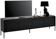 Zwart tv-lowboard met gegroefde deuren, versierd met een lamp en accessoires, zijaanzicht