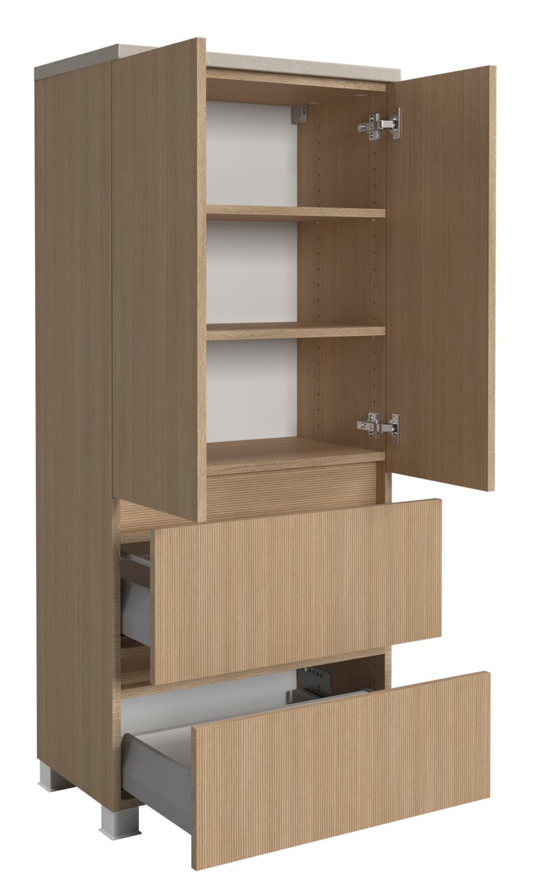 Midischrank 60 cm aus Holz mit offenen Türen und Schubladen, seitliche Perspektive