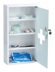 Geöffneter Medizinschrank 30x60cm mit Glastür und Erste-Hilfe-Inhalt, seitliche Perspektive