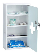 Geöffneter Medizinschrank 30x60cm mit Glastür und Erste-Hilfe-Inhalt, seitliche Perspektive