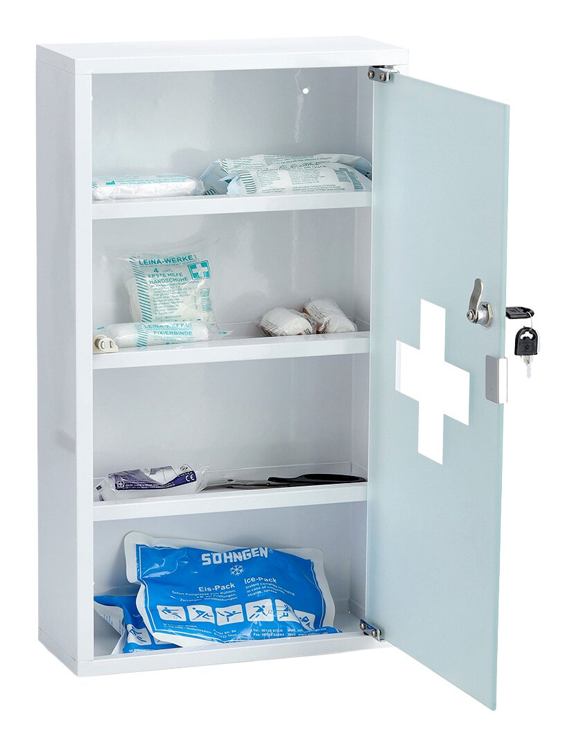 Geöffneter Medizinschrank 30x60cm mit Glastür und Erste-Hilfe-Inhalt, seitliche Perspektive