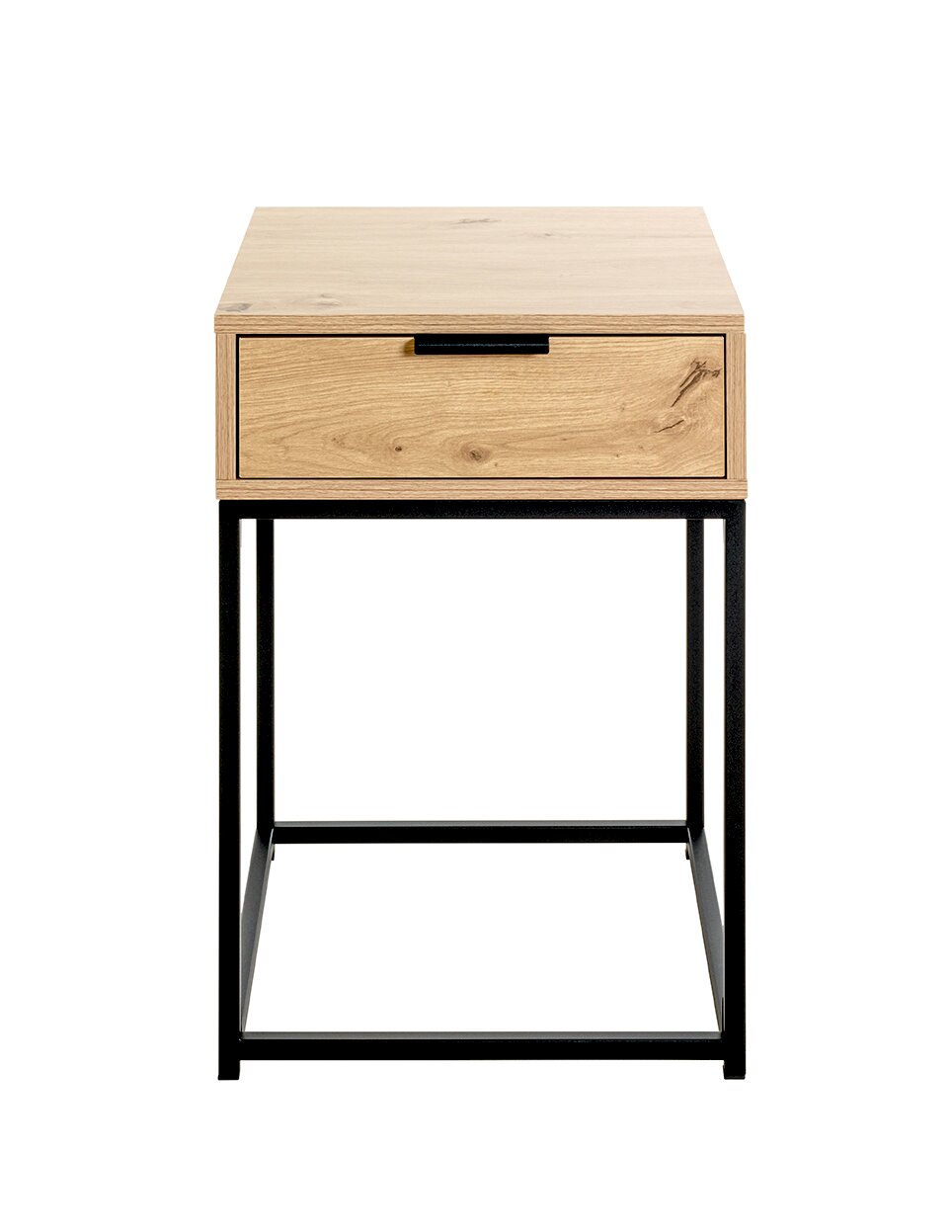 Moderner Nachttisch/Beistelltisch aus hellem Holz mit einer Schublade und schwarzem Metallgestell, freigestellt auf weißem Hintergrund, Frontalansicht.