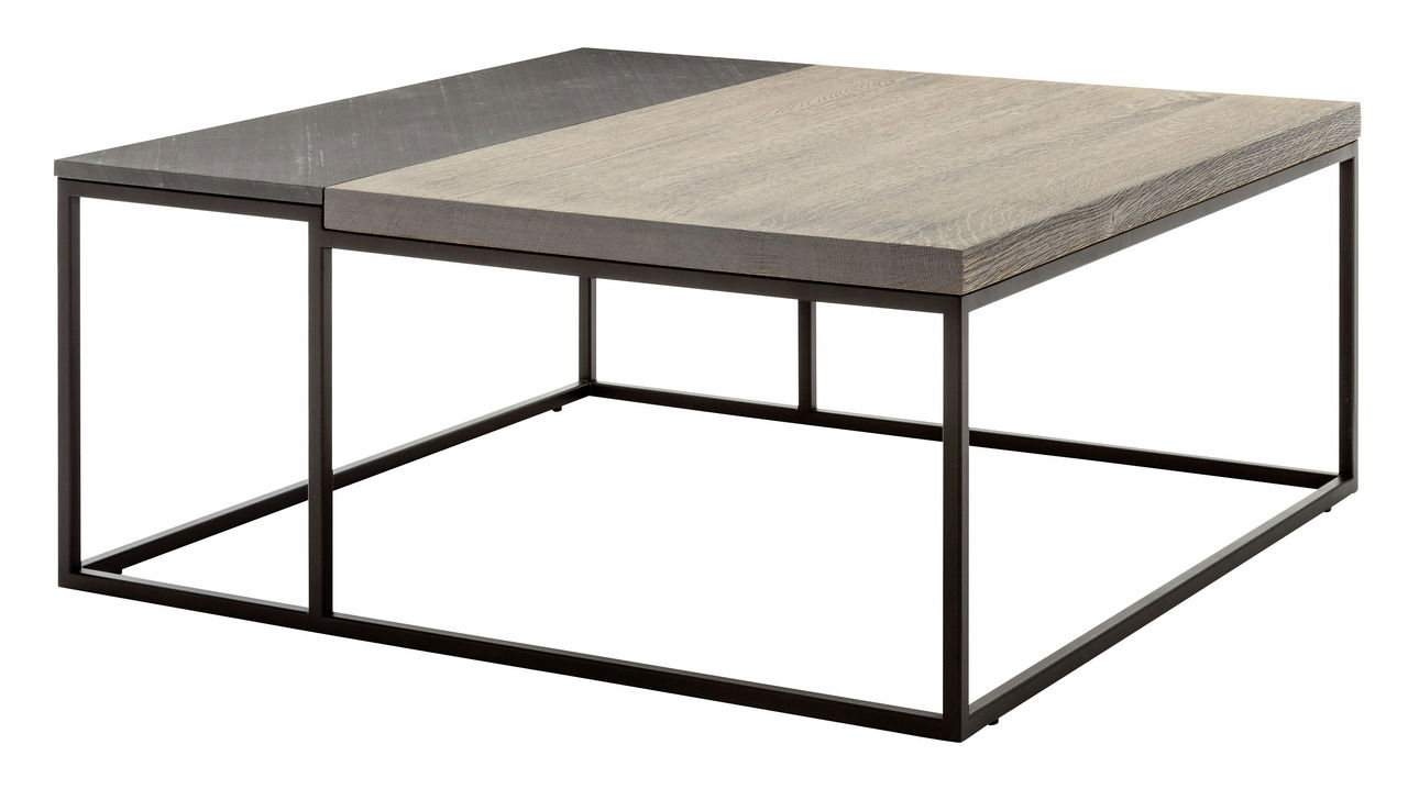 Moderner Couchtisch mit zweifarbiger Tischplatte aus Holz und Metallgestell, seitliche Perspektive