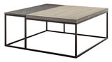 Moderner Couchtisch mit zweifarbiger Tischplatte aus Holz und Metallgestell, seitliche Perspektive