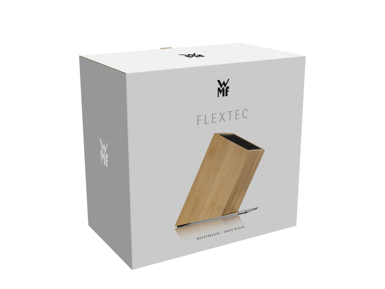 Verpackung eines unbestückten Messerblocks aus Bambus von WMF, schräg von vorne fotografiert.