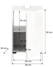 Weißer Waschbeckenunterschrank mit einer offenen Tür, zeigt zwei Fächer. Perspektive von vorne rechts.