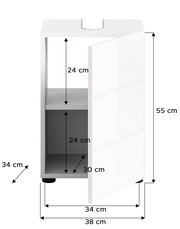 Weißer Waschbeckenunterschrank mit einer offenen Tür, zeigt zwei Fächer. Perspektive von vorne rechts.