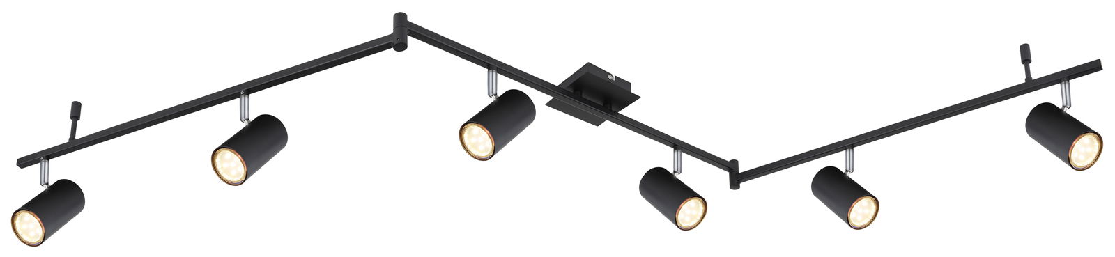 Moderner schwarzer Strahler mit fünf verstellbaren Leuchten, seitliche Perspektive